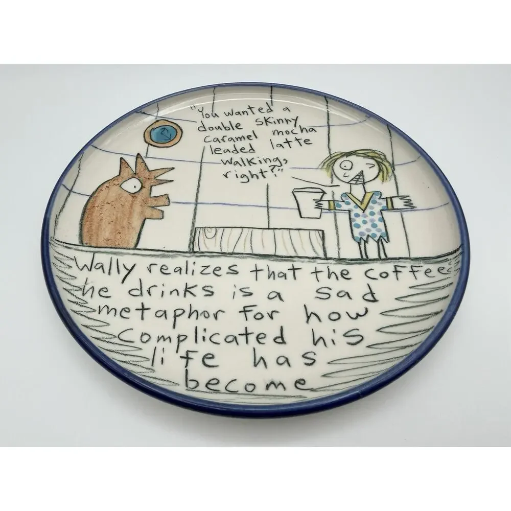 Tom Edwards Wallyware Art Pottery Plate 8.5” Caramel Coffee Metaphor Cartoon